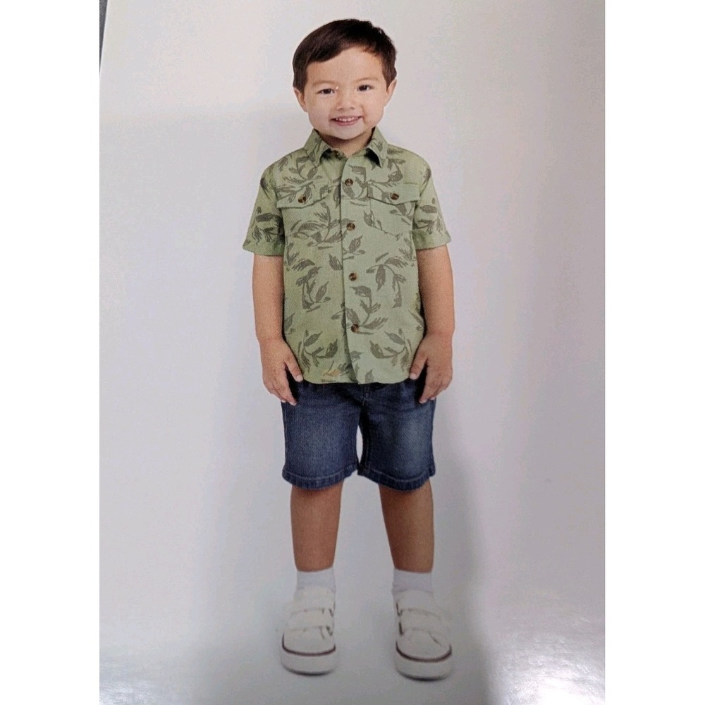 Koala Kids Boys 2-Piece Set Sage Button Up Shirt & Denim Shorts NWT Size 3T